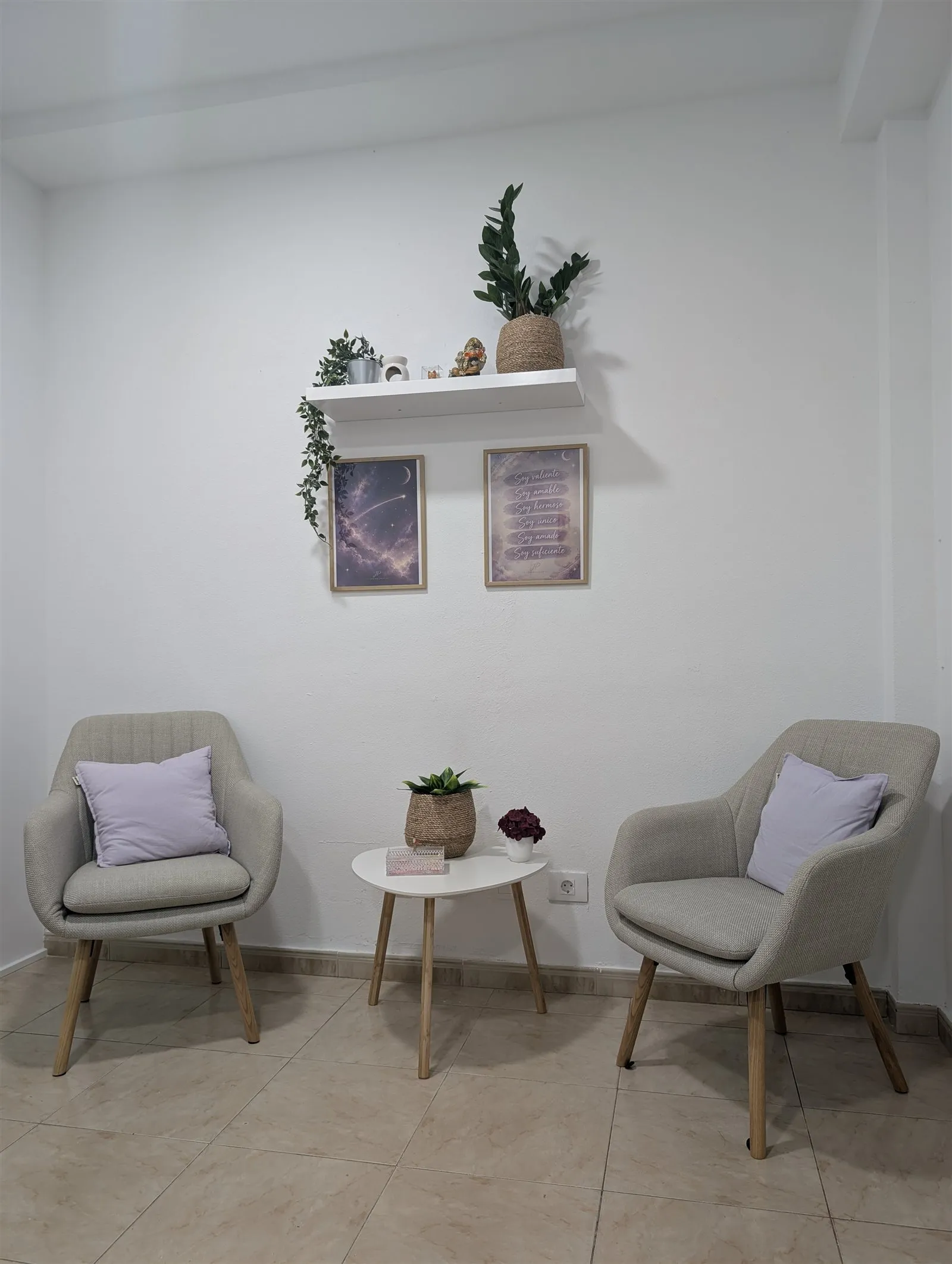 Zona de espera del centro, con butacas y cojines lavanda
